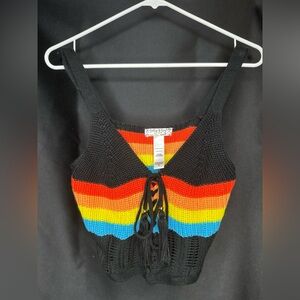 Black Knit Top with Rainbow Stripes